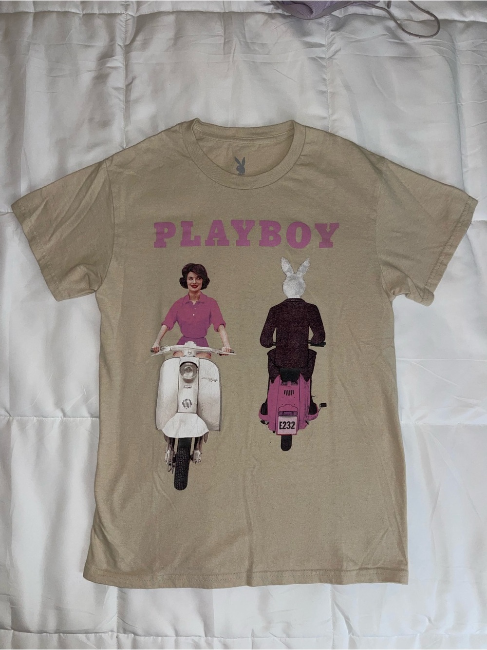 Playboy Beige Graphic Tee with Pink Accents